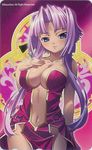  blue_eyes blush breasts card_(medium) center_opening dark_skin hikage_eiji koihime_musou large_breasts lowres navel pink_hair revealing_clothes short_hair solo sonken 