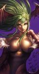  animal_print bat bat_print breasts chrisnfy85 cleavage demon_girl green_eyes green_hair head_wings heart large_breasts long_hair morrigan_aensland pantyhose print_legwear solo succubus vampire_(game) wings 