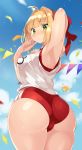  1girl ahoge arm_up armpits ass bangs blonde_hair blue_sky blush braid breasts buruma confetti fate/extra fate/grand_order fate_(series) green_eyes gym_uniform hair_between_eyes hair_intakes headband highres hip_focus huge_ass large_breasts looking_at_viewer looking_back name_tag nero_claudius_(fate) nero_claudius_(fate)_(all) olympian_bloomers red_buruma red_headband short_sleeves sia_namsbinpeni sky solo thighs 