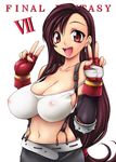  bad_id bad_pixiv_id breasts brown_hair copyright_name final_fantasy final_fantasy_vii fingerless_gloves gloves huge_breasts impossible_clothes impossible_shirt long_hair low-tied_long_hair navel onizuka_takuto see-through shirt skirt suspender_skirt suspenders tifa_lockhart v 