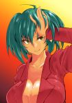  1girl breasts earring female green_hair haiboku highres ikkitousen large_breasts long_hair no_bra ryofu_housen shiny shiny_skin solo twintails upper_body 