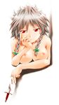  bow braid breast_rest breasts grey_hair hair_bow hair_ribbon izayoi_sakuya kanoe knife large_breasts long_hair maid_headdress nipples nude red_eyes ribbon solo thinking touhou twin_braids 