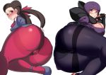  2girls ass blush breasts brown_hair cameltoe creatures_(company) dress elite_four eyebrows_visible_through_hair forehead from_behind game_freak glasses gusset gym_leader hair_pulled_back highres huge_ass komusou_(jinrikisha) large_breasts lips long_hair looking_at_viewer looking_back multiple_girls nintendo panties panties_under_pantyhose pantyhose parted_lips pen pink_legwear pokemon pokemon_(game) pokemon_bw2 pokemon_rse purple_eyes purple_hair purple_legwear red_eyes shikimi_(pokemon) shiny shiny_hair shiny_skin short_hair simple_background solo tsutsuji_(pokemon) twintails underwear white_background 