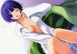  absurdres bed black_hair blue_hair breasts center_opening dress_shirt dutch_angle highres ichinose_mio medium_breasts one_eye_closed open_clothes open_mouth open_shirt scan shirt short_hair sitting solo suzuhira_hiro white_breath yawning 