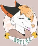  2019 anthro badge canid canine clothed clothing digital_media_(artwork) english_text female fur grumpy_griffin_creations_(artist) hair hi_res looking_at_viewer mammal one_eye_closed open_mouth simple_background smile solo text tongue tongue_out white_fur wink 