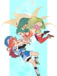  1boy 1girl breasts closed_mouth commentary_request feena_(grandia) grandia grandia_i green_eyes green_hair hair_ornament hair_tubes hamagurihime hat jewelry justin_(grandia) long_hair low-tied_long_hair midriff necklace skirt smile thighhighs 
