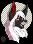  2019 akila_(character) anthro canid canine digital_media_(artwork) female fur grumpy_griffin_creations_(artist) hair hi_res looking_at_viewer mammal open_mouth red_eyes simple_background smile solo tongue white_hair 
