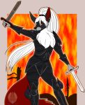  2019 akila_(character) anthro armor canid canine canis clothed clothing digital_media_(artwork) dual_weilding dual_wielding female fire fur grumpy_griffin_creations_(artist) hair hi_res holding_object holding_weapon looking_at_viewer mammal melee_weapon plate_armour simple_background solo standing sword weapon wolf 
