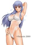  action_pizazz armpits blue_eyes breasts copyright_request impossible_clothes impossible_swimsuit large_breasts long_hair one-piece_swimsuit purple_hair saigadou see-through solo swimsuit 