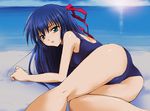  ass beach blue_hair day galaxy_angel green_eyes half_updo karasuma_chitose long_hair looking_back lying non-web_source on_side one-piece_swimsuit school_swimsuit solo swimsuit 