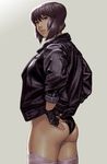  adjusting_clothes ass bad_id bad_pixiv_id bangs black_gloves black_panties closed_mouth cowboy_shot eyelashes fingerless_gloves from_behind ghost_in_the_shell gloves grey_background jacket kusanagi_motoko leather leather_jacket lips looking_to_the_side no_pants panties red_eyes short_hair simple_background skindentation sleeves_past_elbows solo thighhighs ug_(ugg) underwear white_legwear 