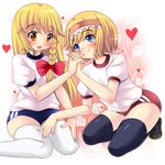  alice_margatroid alternate_costume bad_id bad_pixiv_id blonde_hair blue_eyes braid buruma gym_uniform hairband heart holding_hands interlocked_fingers kirisame_marisa kuro_minamo long_hair multiple_girls short_hair sitting smile squatting thighhighs touhou wariza yellow_eyes yuri 