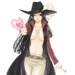  black_eyes black_hair boa_hancock breasts cleavage coat cocotri cosplay cross dracule_mihawk dracule_mihawk_(cosplay) finger_gun hat heart jewelry large_breasts long_hair necklace no_bra one_eye_closed one_piece open_clothes open_shirt shirt solo topless 