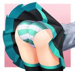  aqua_panties ass ass_focus bad_id bad_pixiv_id bent_over black_legwear black_skirt breasts close-up eto from_side gradient gradient_background hatsune_miku miniskirt outside_border panties pantyshot pink_background pleated_skirt shiny shiny_clothes skirt solo striped striped_panties taut_clothes thighhighs trefoil underwear vocaloid white_panties 
