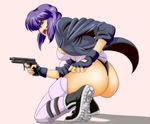  ass fingerless_gloves ghost_(mausuman34) ghost_in_the_shell gloves gun jacket kusanagi_motoko leotard purple_hair red_eyes short_hair solo thong_leotard weapon 