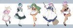  breasts cleavage closed_mouth commentary_request feena_(grandia) grandia grandia_i green_eyes green_hair hamagurihime highres leen_(grandia) liete_(grandia) long_hair low-tied_long_hair maid milda_(grandia) multiple_girls pantyhose puui_(grandia) short_hair smile sue_(grandia) 