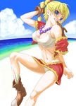  blonde_hair blue_eyes breasts chrono_cross cleavage covered_nipples dagger funtarunta gloves high_ponytail highres jewelry kid_(chrono_cross) large_breasts multi-tied_hair necklace panties ponytail skirt solo sweat underwear weapon 