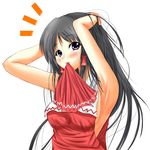  armpits black_hair blush breasts hakurei_reimu hiroaki_(huruhonya) long_hair medium_breasts mouth_hold ribbon solo touhou 