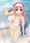  1girl bikini blush breasts cleavage ganari_ryuu headphones highres large_breasts long_hair looking_at_viewer navel nitroplus ocean open_mouth pink_eyes pink_hair scan shiny shiny_skin side-tie_bikini sketch smile solo super_sonico swimsuit wading water 