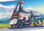  1girl adapted_costume bag black_footwear blue_eyes blue_sky boots brown_hair character_name cloud commentary_request day dress grey_dress grey_neckwear ground_vehicle gun harley_davidson intrepid_(kantai_collection) kantai_collection m1903_springfield miniskirt motor_vehicle motorcycle mountain outdoors ponytail riding rifle short_hair sitting skirt sky smile solo thrux weapon 