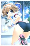  absurdres ass blue_eyes brown_hair buruma drinking_fountain faucet fountain fujima_takuya gym_uniform hairband highres looking_back megami megami_creators open_mouth original scan shoes side_ponytail smile sneakers socks solo standing standing_on_one_leg white_legwear 