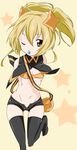  bad_id bad_pixiv_id bag bandeau blonde_hair candy food gen_4_pokemon hair_ornament midriff mouth_hold navel one_eye_closed personification pokemon shinx short_shorts shorts solo strapless thighhighs toru_k tubetop unzipped yellow_eyes 