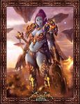  azazel1944 bikini_armor blue_skin boots breasts cape chains circlet cleavage fire gloves midriff navel navel_piercing necklace pointy_ears purple_hair red_eyes shaman shield thigh_boots thighhighs troll tusks warcraft world_of_warcraft 