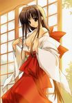  :o absurdres ahoge blush bra breasts brown_eyes brown_hair copyright_request hakama highres japanese_clothes lingerie long_hair medium_breasts miko off_shoulder open_bra red_hakama scan solo suzuhira_hiro underwear undressing very_long_hair wide_sleeves 