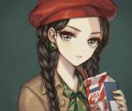  1girl anna_(jinrou_judgment) beret black_hair braid brown_eyes casual contemporary earrings hat jewelry jinrou_judgment long_hair looking_at_viewer milk milk_carton murayama_(u_k) red_hat twin_braids 