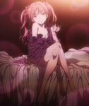  bare_shoulders barefoot bed brown_eyes brown_hair cherry crossed_legs cupping_glass feet food fruit glass hands head_tilt highres legs long_hair long_legs non-web_source off_shoulder screencap shirai_kuroko sitting smile solo stitched third-party_edit to_aru_kagaku_no_railgun to_aru_majutsu_no_index twintails wardrobe_malfunction 