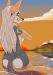  2019 anthro breasts canid canine canis digital_media_(artwork) female fur grumpy_griffin_creations_(artist) hair hi_res looking_at_viewer mammal nude outside simple_background sky smile solo sunset water wolf 