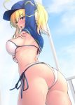  1girl ahoge artoria_pendragon_(all) ass bikini blonde_hair blue_eyes blush breasts commentary_request fate/grand_order fate_(series) huge_ass jacket kirisaki_byakko large_breasts looking_at_viewer medium_hair mysterious_heroine_xx_(foreigner) open_mouth ponytail shrug_(clothing) side-tie_bikini sideboob solo swimsuit twitter_username wet white_bikini 