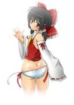  ass back black_eyes black_hair blouse blush bow butt_crack cravat detached_sleeves hair_bow hakurei_reimu highres japanese_clothes long_hair looking_back natsume_riu no_pants panties side-tie_panties solo standing touhou underwear white_panties 