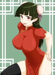  black_legwear breasts bun_cover china_dress chinese_clothes double_bun dress green_hair hands large_breasts lips long_hair pani_poni_dash! pokke red_dress red_eyes smile solo tachibana_rei thighhighs 