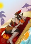  2019 akila_(character) anthro beach bikini book breasts canid canine canis clothing detailed_background digital_media_(artwork) female fur grumpy_griffin_creations_(artist) hair hi_res lying mammal nipples outside reading seaside smile solo sunbathing swimsuit water wolf 