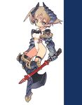  armor armored_boots axe blade_(galaxist) boots brown_hair covered_nipples drop_shadow forehead_jewel full_body greaves holding holding_axe horns leotard looking_at_viewer original pointy_ears short_hair silver_eyes solo thigh_boots thigh_strap thighhighs weapon 