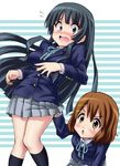  akiyama_mio black_hair blue_eyes blush brown_eyes brown_hair groping hirasawa_yui k-on! landolt_tamaki long_hair multiple_girls peeking school_uniform short_hair skirt skirt_lift 