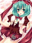  bad_id bad_pixiv_id blush breasts covered_nipples front_ponytail green_eyes green_hair hair_ribbon hane_riu kagiyama_hina ribbon small_breasts solo touhou 