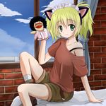  animal_ears bed blonde_hair cal_devens casual cat_ears green_eyes hand_puppet phantom_of_inferno puppet requiem_for_the_phantom room smile window 