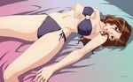  bandeau bikini breasts brown_hair covered_nipples gundam gundam_00 highres holly_smirnov jewelry large_breasts long_hair lying o-ring o-ring_top ring side-tie_bikini solo swimsuit tadano_akira wallpaper 