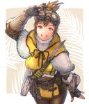  1girl adjusting_goggles arm_at_side bangs belt belt_buckle black_gloves blue_eyes book breasts brown_belt brown_hair brown_ribbon buckle capelet cowboy_shot dress feathers fingerless_gloves gloves goggles goggles_on_head grin hand_up handler_(monster_hunter_world) highres kuroimori large_breasts legs_together looking_at_viewer monster_hunter monster_hunter:_world ribbon short_dress smile solo teeth turtleneck white_capelet yellow_dress 
