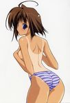  absurdres ahoge ass bikini blue_eyes breasts brown_hair copyright_request covering covering_breasts from_behind highres looking_back medium_breasts one-piece_tan scan sideboob simple_background solo striped striped_bikini suzuhira_hiro swimsuit tan tanline tears thighhighs topless white_background 