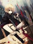  action bad_id bad_pixiv_id blonde_hair blood boots coat cyborg dual_wielding holding knee_boots nekotewi no_panties original solo sword thigh_strap weapon yellow_eyes 