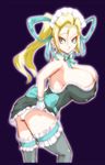  1girl android android_18 basara blonde_hair blue_eyes bow bowtie breasts curvy dragon_ball dragonball dragonball_z earring earrings female highres huge_breasts jewelry large_breasts maid maid_headdress panties pantyshot plump smile solo thighhighs underwear 