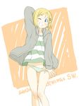  bare_legs erica_hartmann grin groin hamao hand_behind_head hood hoodie jacket legs looking_at_viewer lowleg no_pants one_eye_closed panties panty_pull shirt simple_background smile solo strike_witches striped striped_shirt underwear world_witches_series 