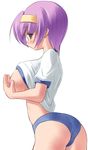  ass breasts buruma covering covering_breasts gym_uniform kourourin large_breasts original purple_hair short_hair solo 