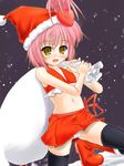  :d black_legwear blush boots cameltoe christmas crop_top flat_chest frills hair_ornament hat heart high_ponytail hinamori_amu katsuragi_niya knee_boots midriff miniskirt navel night night_sky open_mouth outdoors panties pantyshot pantyshot_(squatting) pink_hair ponytail ribbon sack santa_costume santa_hat short_hair shugo_chara! skirt sky smile snow solo squatting tank_top thighhighs underwear white_panties yellow_eyes 