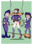  3girls bdsm blonde_hair blue_eyes bondage bound broom brown_hair gag gagged improvised_gag kagari_atsuko little_witch_academia lotte_jansson multiple_girls pants pillory red_eyes sucy_manbavaran tape tape_gag 