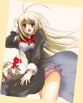  1girl antenna_hair blonde_hair blood crossdressing esuurya highres itsukushima_takako long_hair miyanokouji_mizuho nosebleed otoko_no_ko otome_wa_boku_ni_koishiteru panties pantyshot pink_panties red_eyes school_uniform underwear wind wind_lift 