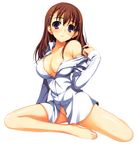  absurdres bare_shoulders barefoot blush bottomless breasts brown_hair copyright_request dress_shirt feet hair_ornament hairclip highres large_breasts long_hair no_bra non-web_source off_shoulder open_clothes open_shirt purple_eyes shirt sitting solo sweat tomose_shunsaku yokozuwari 